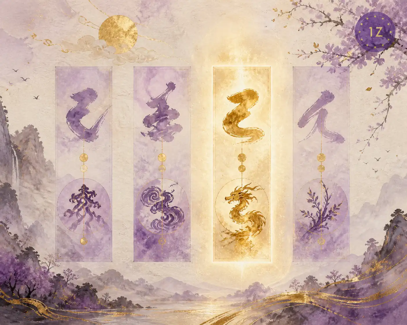 BaZi Day Master chart visualization showing four pillars with the day pillar highlighted in soft purple and gold ink-wash style