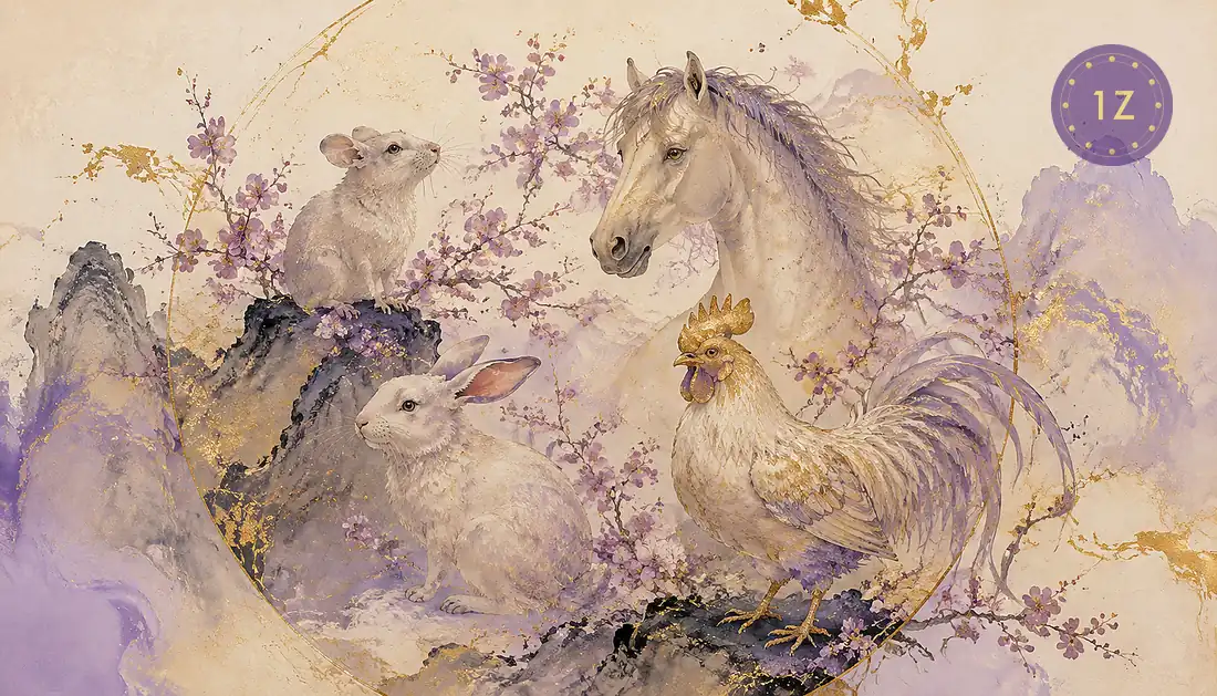 Four zodiac animals representing the Peach Blossom branches in soft purple and gold ink-wash style