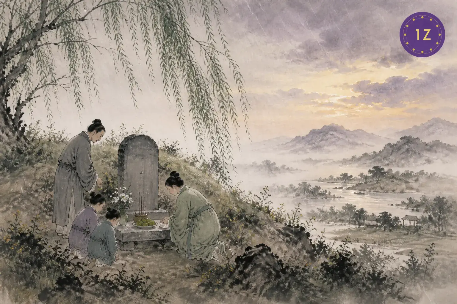 Family tomb sweeping ceremony at a hillside grave in spring, willow branches and qingtuan green rice balls, soft purple and gold ink-wash style