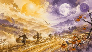 Autumn equinox Qiufen: golden rice fields stretching to horizon under a perfectly balanced sky, half sun half moon symbol in clouds, farmers celebrating harvest with baskets of grain and persimmons, ink-wash style with purple and gold, no text