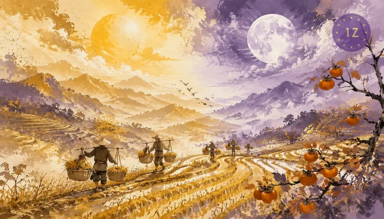 Autumn equinox Qiufen: golden rice fields stretching to horizon under a perfectly balanced sky, half sun half moon symbol in clouds, farmers celebrating harvest with baskets of grain and persimmons, ink-wash style with purple and gold, no text