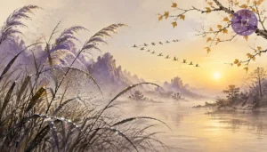 White dew Bailu: crystal dew drops on reed and spider web at dawn, wild geese flying south in formation across pale golden sky, first yellow leaves, misty river morning, ink-wash style with purple and gold, no text