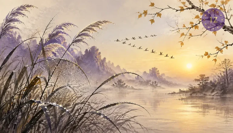 White dew Bailu: crystal dew drops on reed and spider web at dawn, wild geese flying south in formation across pale golden sky, first yellow leaves, misty river morning, ink-wash style with purple and gold, no text