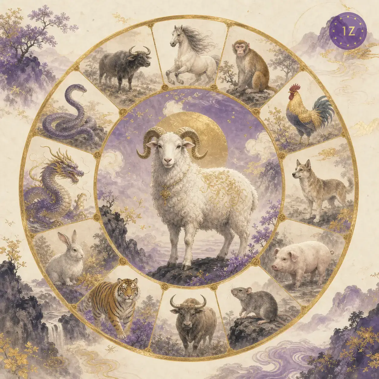 Compatibility matrix showing Sheep Goat pairings with Horse harmony and Ox clash in soft purple ink-wash style