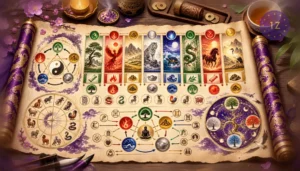 A complete four pillars chart laid out on parchment with all eight characters visible, no locks or paywalls, beside a cup of tea, ink-wash with purple and gold