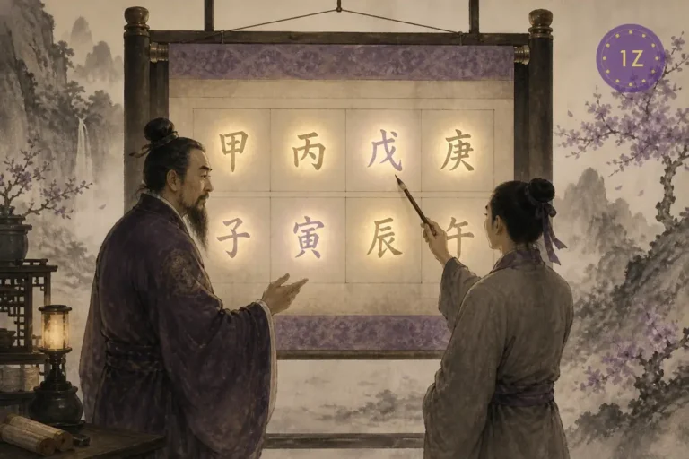 A four pillars chart laid out like a teaching scroll with each of the eight characters gently highlighted in turn, student's brush pointing at the Day Master, ink-wash with purple and gold