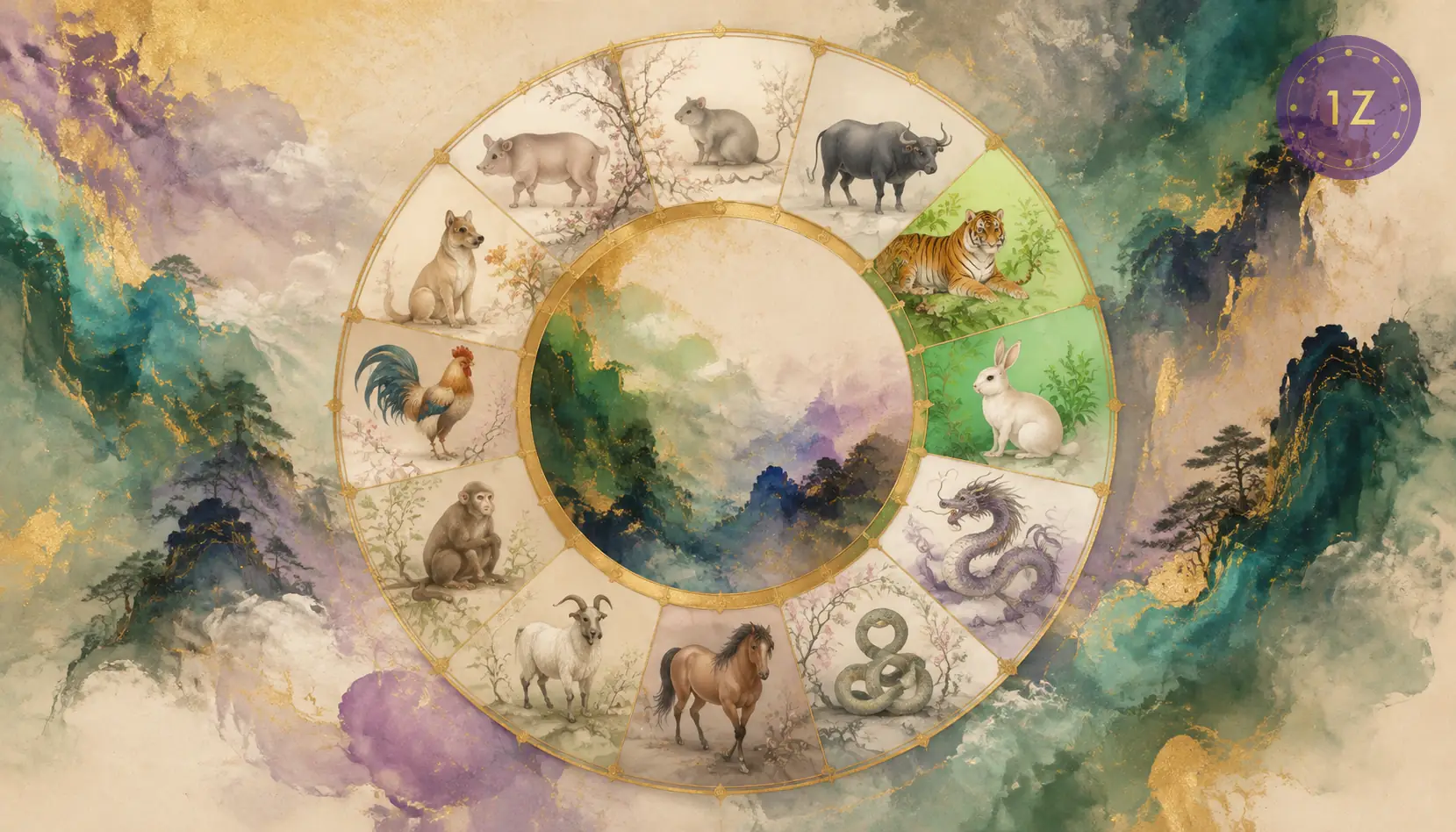 Chinese zodiac wheel with tiger and rabbit painted in green and gold ink wash style