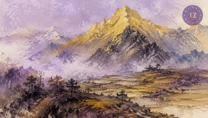 Chinese ink painting of golden mountain and terraced earth fields under purple sky