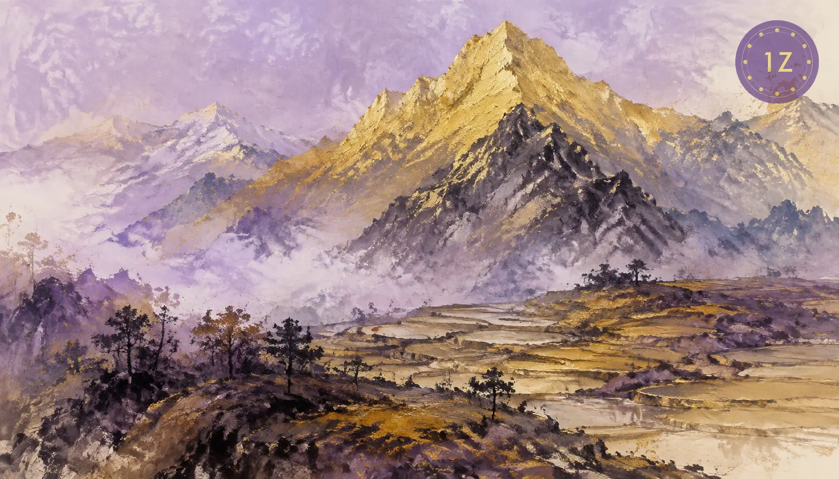 Chinese ink painting of golden mountain and terraced earth fields under purple sky