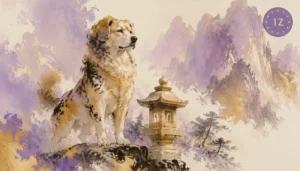 Chinese guardian dog in purple and gold ink wash painting with mountain backdrop