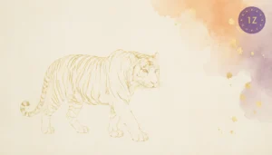 Minimal gold line tiger walking through light-luxury white space with faint purple wash