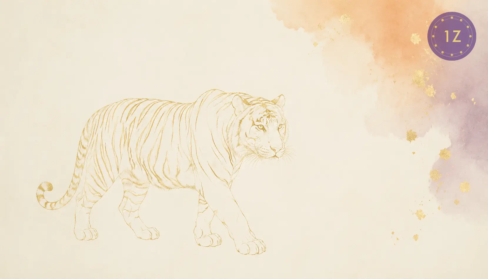 Minimal gold line tiger walking through light-luxury white space with faint purple wash