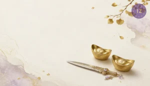 Minimal gold metal ingots and a delicate blade on light-luxury white space