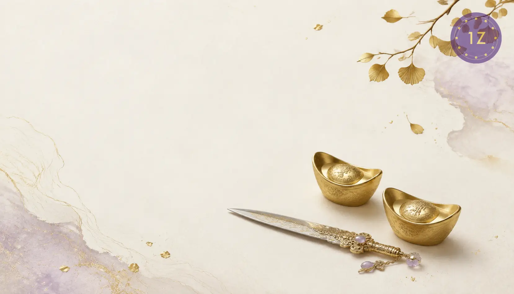 Minimal gold metal ingots and a delicate blade on light-luxury white space