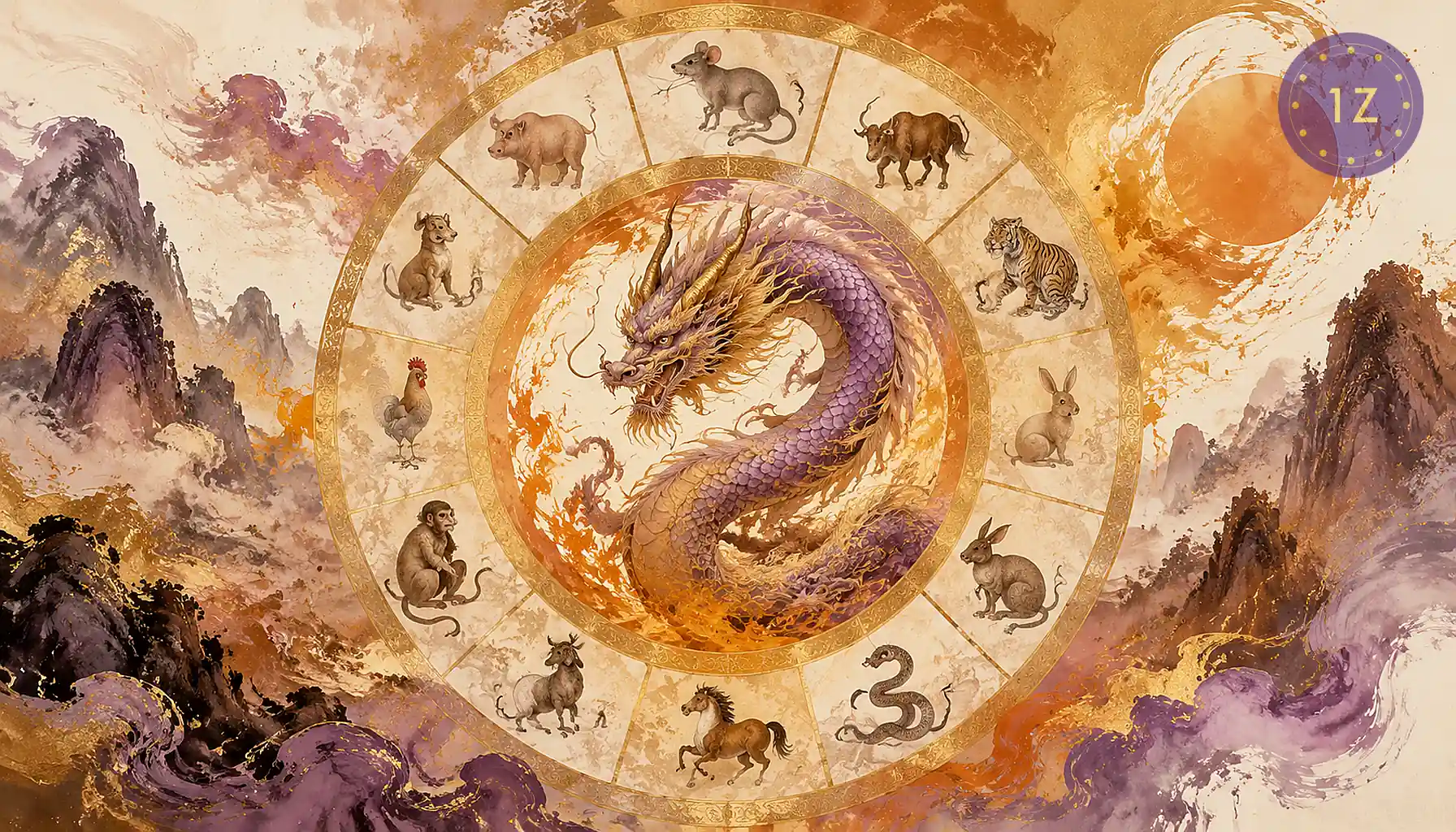 Five Element cycle diagram showing Fire generating Earth in soft purple and gold ink-wash style