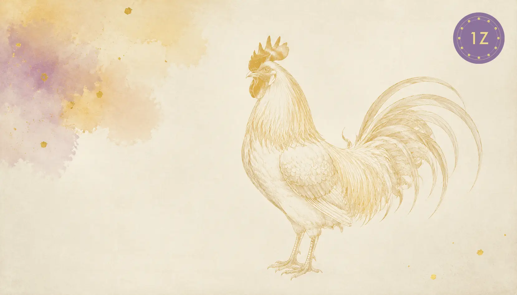 Minimal gold line rooster standing in light-luxury white space with faint warm wash