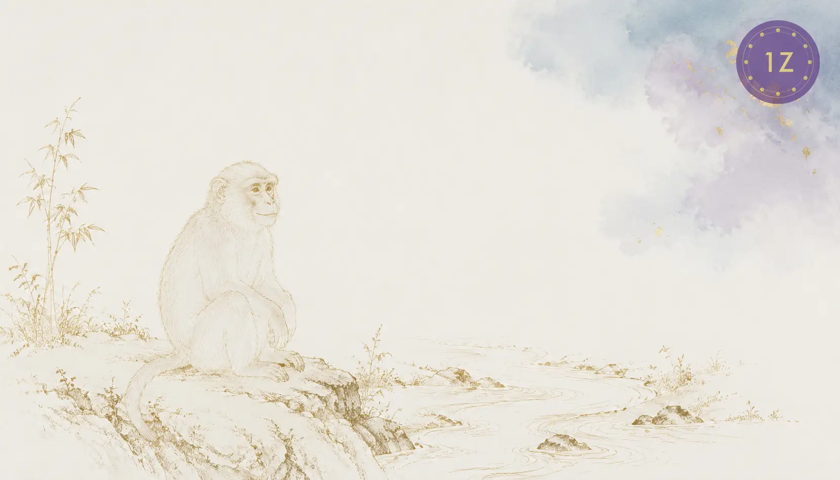 Minimal gold line monkey by a stream in light-luxury white space with faint blue wash