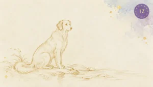 Minimal gold line dog beside still water in light-luxury white space with faint blue wash