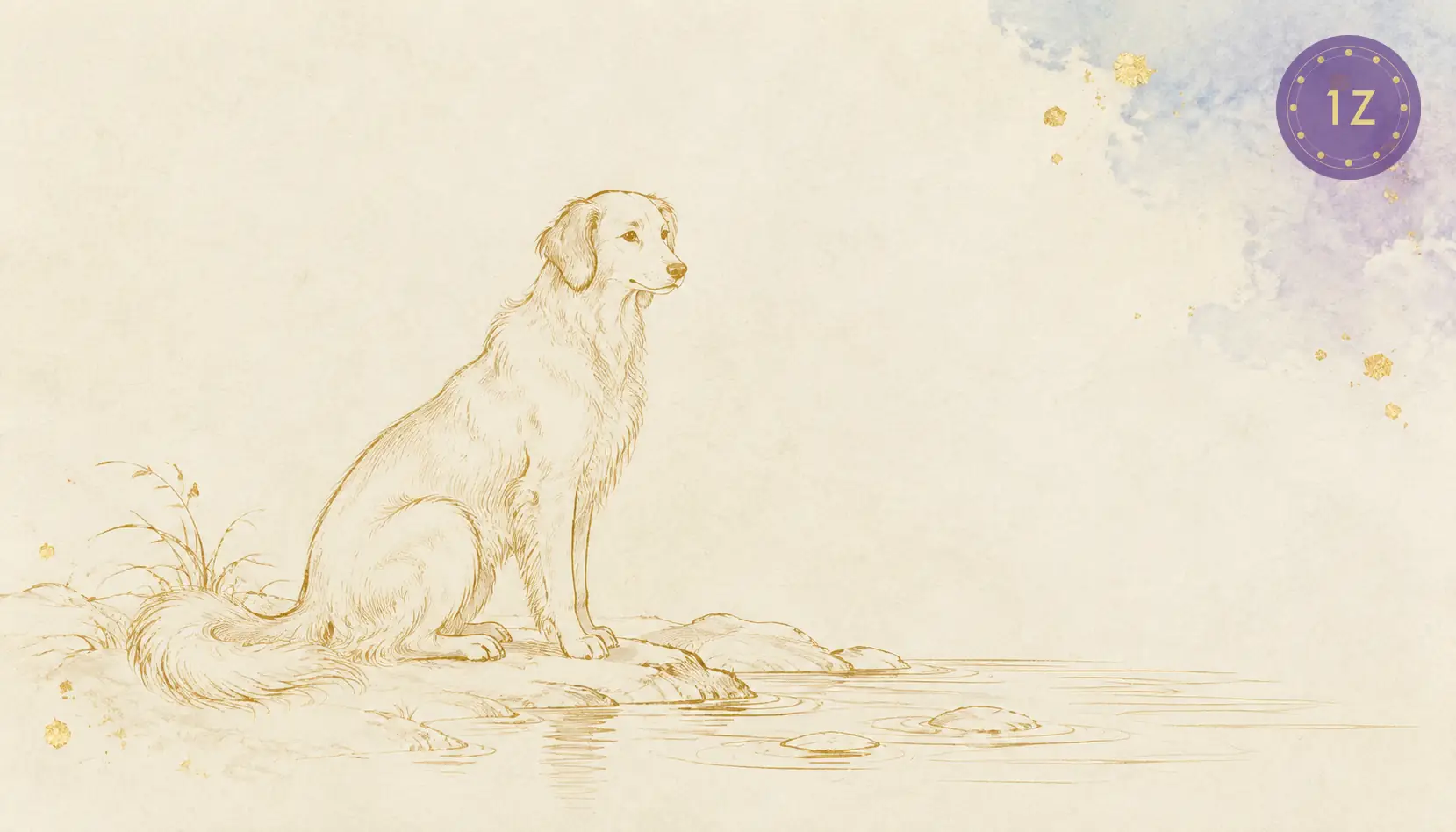 Minimal gold line dog beside still water in light-luxury white space with faint blue wash