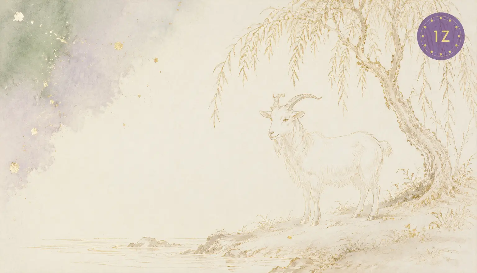 Minimal gold line goat by willow on a riverbank in light-luxury white space