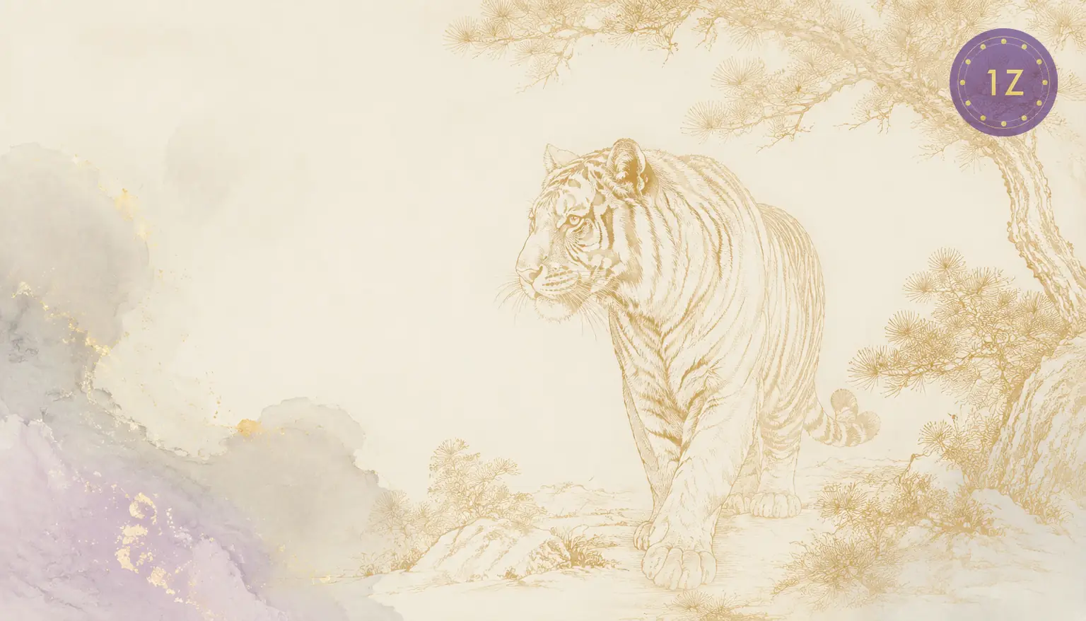 Minimal gold line tiger among pines in light-luxury white space with faint silver wash
