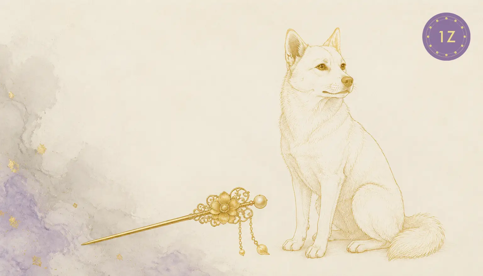 Two minimal gold-line dogs facing across a divided light circle