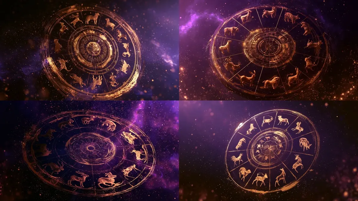 The twelve Chinese zodiac animals arranged around a golden celestial sexagenary cycle wheel on a dark purple cosmic background