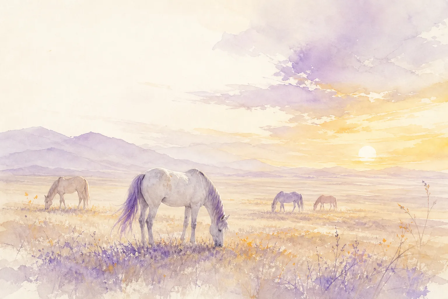 Chinese ink painting of wild horses galloping across a grassland, dynamic shuimo scene