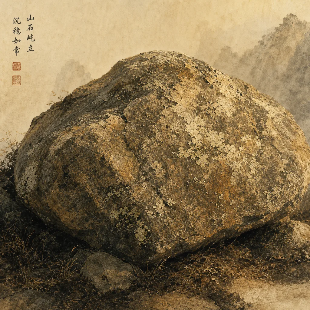 Weathered mountain granite stone with lichen catching golden afternoon light, representing the Yang Earth (戊) Day Master's stability, endurance, and reliability