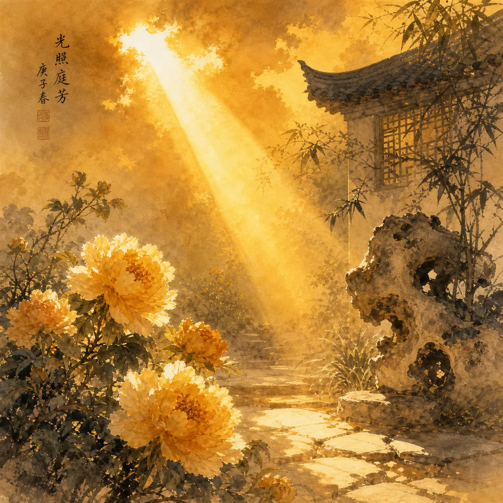 A ray of golden sunlight breaking through clouds onto a tranquil garden, representing the Yang Fire (丙) Day Master's radiance, generosity, and illuminating nature