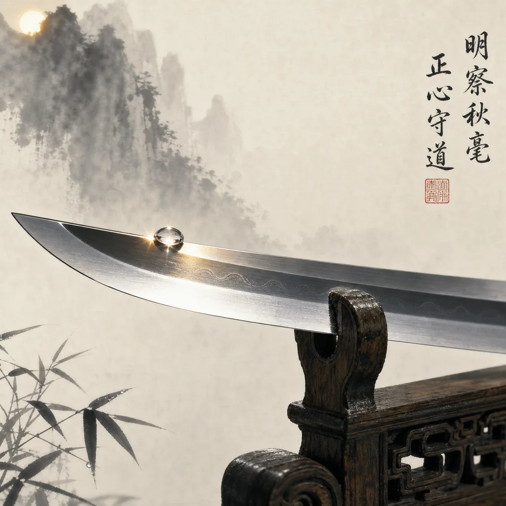 A polished steel blade resting on a carved wooden stand with a dewdrop on its edge, representing the Yang Metal (庚) Day Master's justice, precision, and discernment
