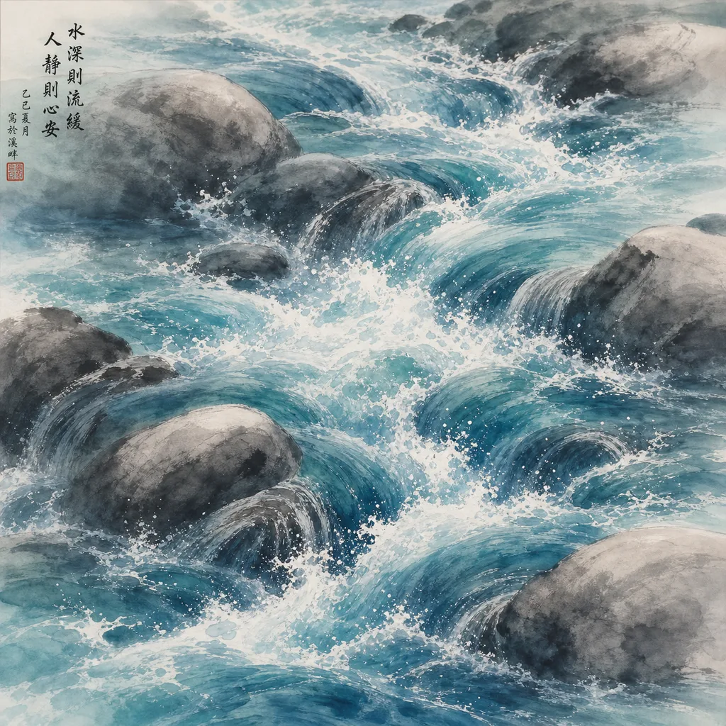 River rapids flowing over smooth stones with white foam catching light, representing the Yang Water (壬) Day Master's depth, power, and unstoppable momentum