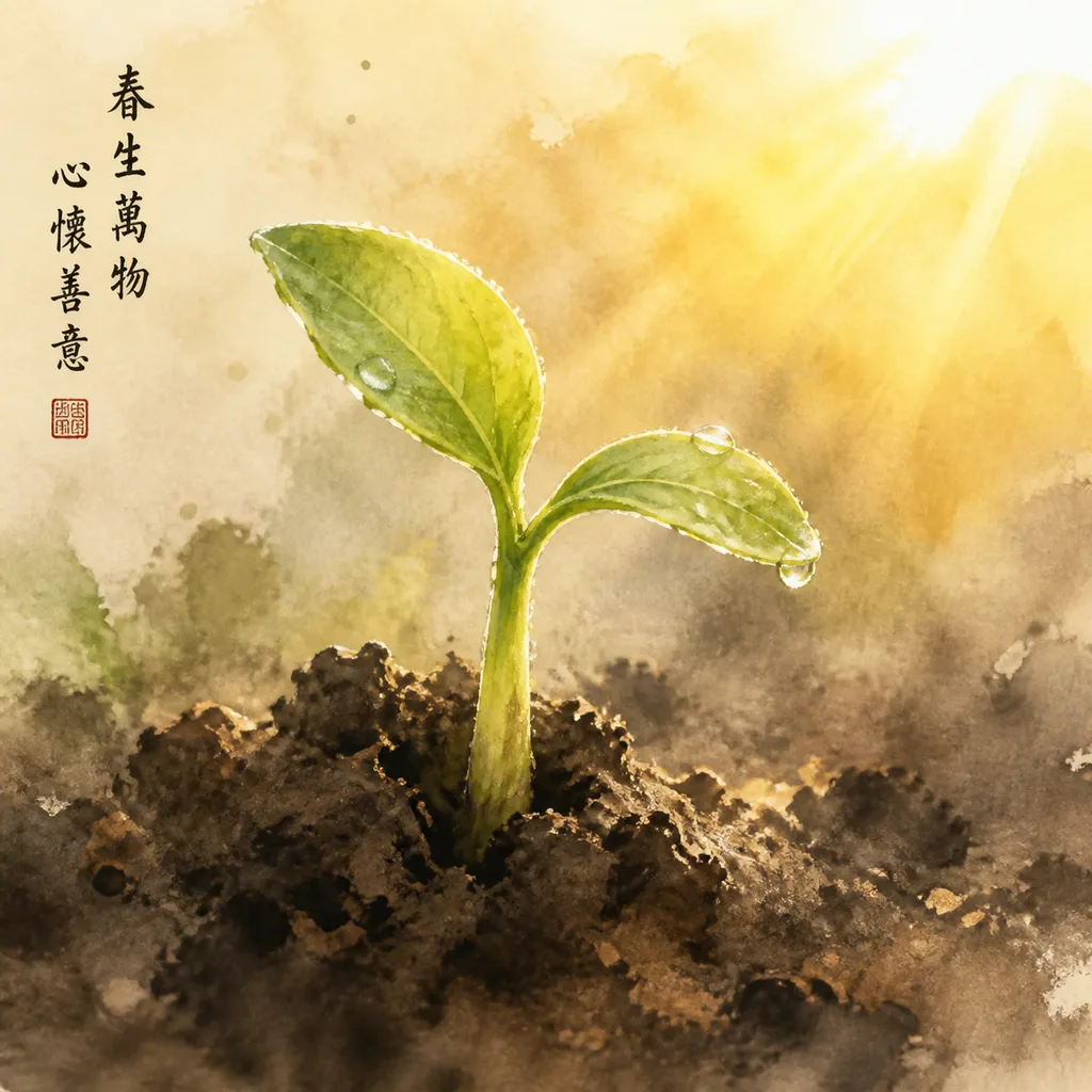 A new seedling breaking through rich dark soil catching sunlight, representing the Yang Wood (甲) Day Master's core energy of growth, initiative, and new beginnings in Chinese astrology