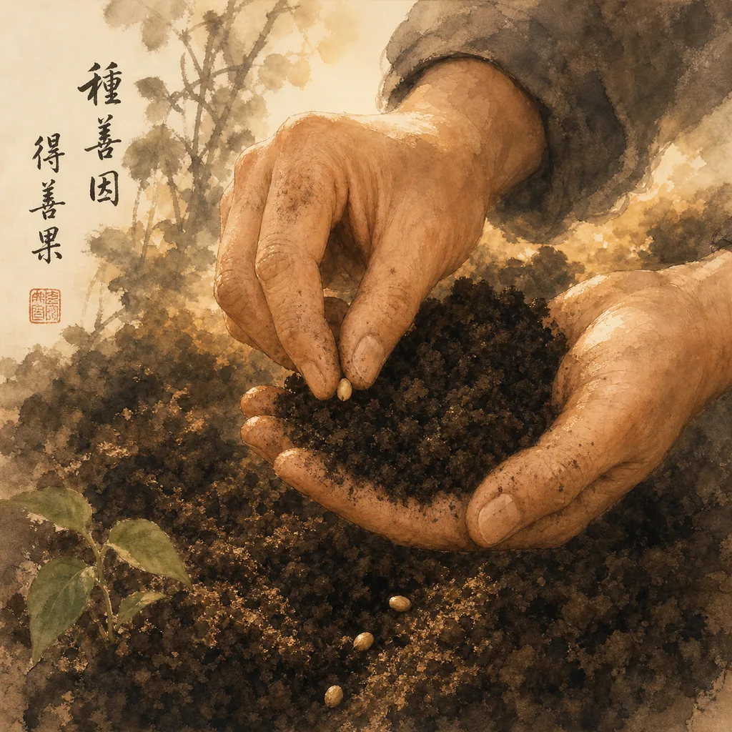 Rich cultivated soil with seeds being planted in a gardener's hands, representing the Yin Earth (己) Day Master's nurturing, cultivation, and fertile potential