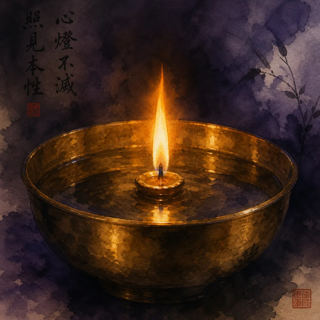 A single candle flame reflected in a brass bowl of water with warm amber light, representing the Yin Fire (丁) Day Master's precision, inner light, and quiet illumination