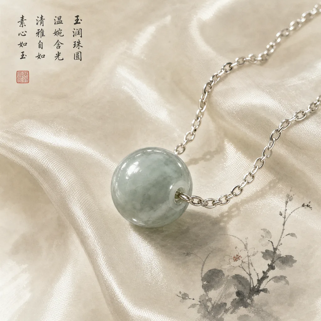 A polished jade bead on a silver chain resting on cream silk catching soft light, representing the Yin Metal (辛) Day Master's refinement, beauty, and precious nature
