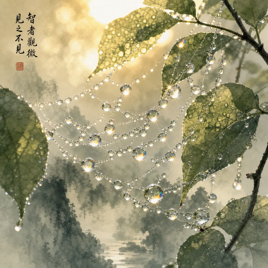 Morning dewdrops on a spider web between green leaves catching tiny rainbows, representing the Yin Water (癸) Day Master's subtlety, perception, and quiet intelligence
