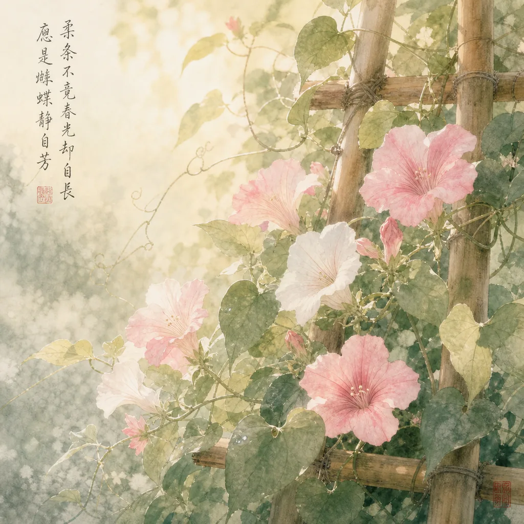 A delicate flowering vine climbing a bamboo trellis with pink and white blossoms, representing the Yin Wood (乙) Day Master's adaptability and graceful persistence