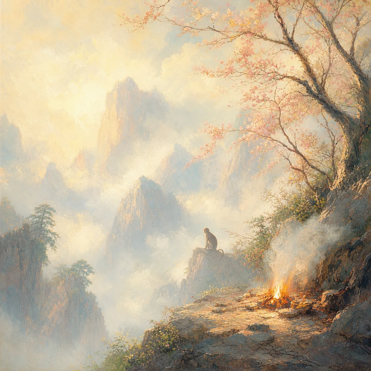 Mountain Base Fire Monkey concept illustration - 丙申 (Bing-Shen) BaZi combination