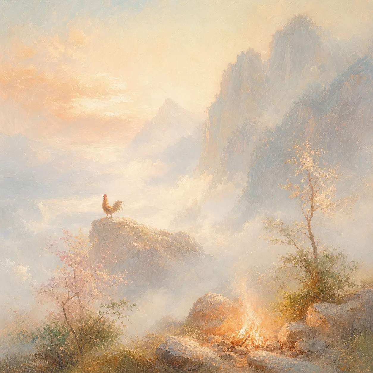 Mountain Base Fire Rooster concept illustration - 丁酉 (Ding-You) BaZi combination