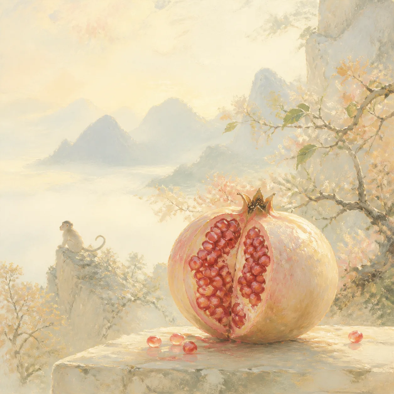 Pomegranate-Wood Monkey concept illustration - 庚申 (Geng-Shen) BaZi combination