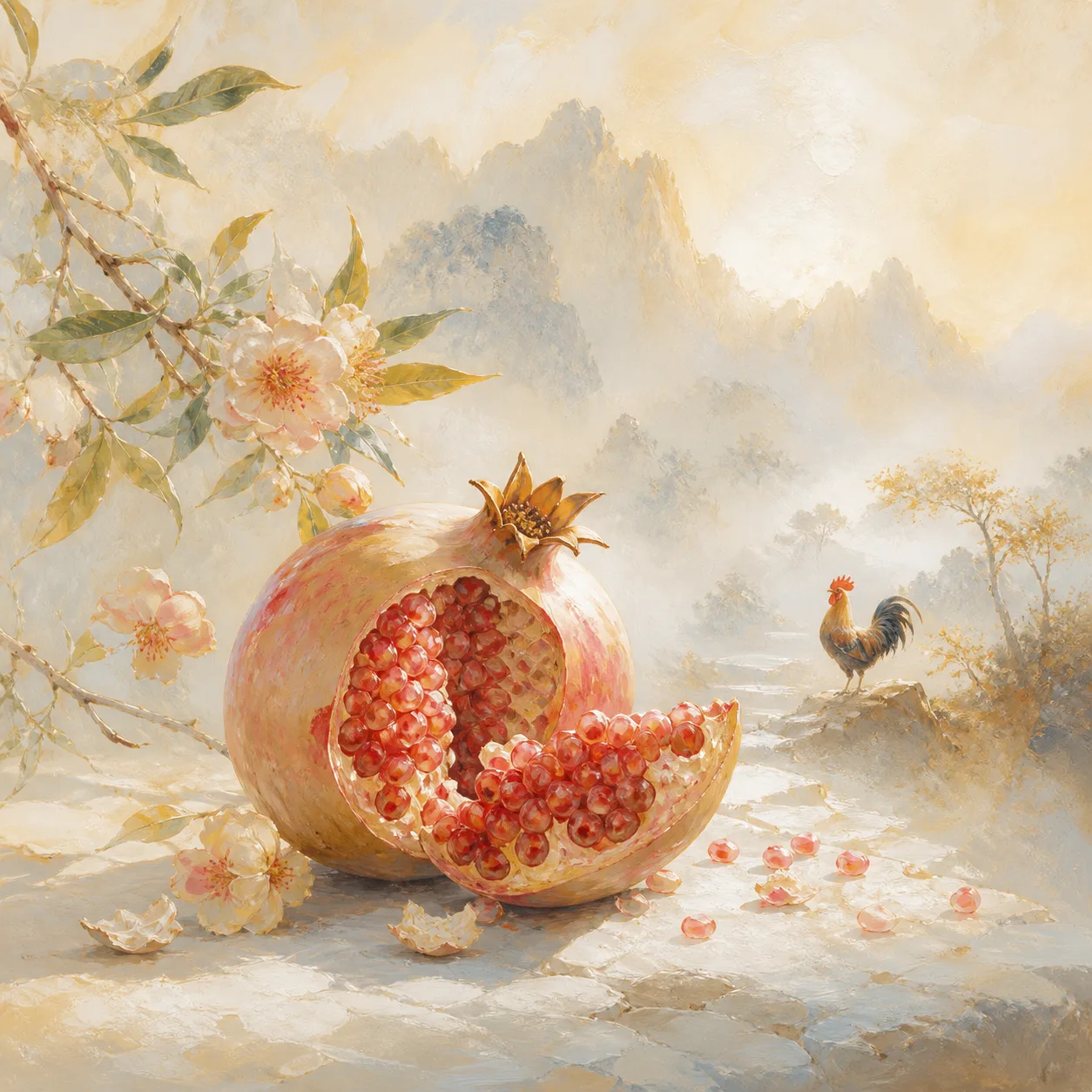 Pomegranate-Wood Rooster concept illustration - 辛酉 (Xin-You) BaZi combination