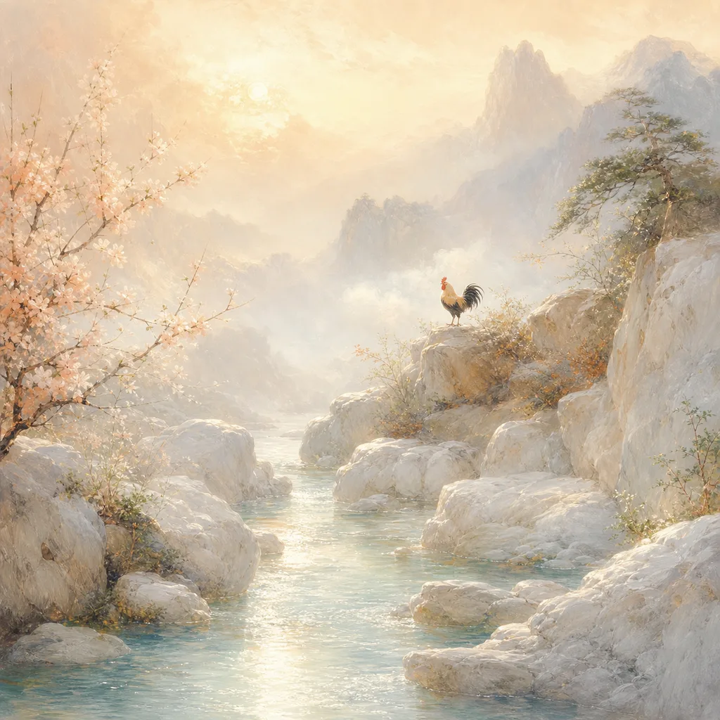 Spring-Water Rooster concept illustration - 乙酉 (Yi-You) BaZi combination