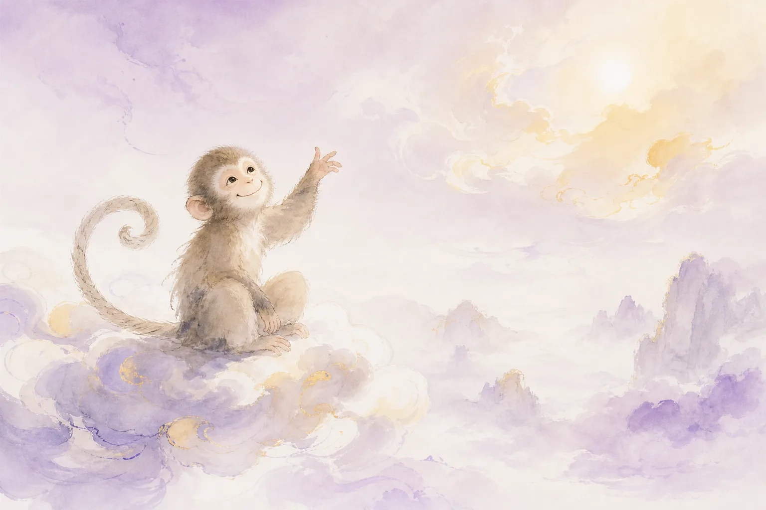 Chinese ink painting of the Monkey King on a cloud, mythological shuimo scene with golden armor