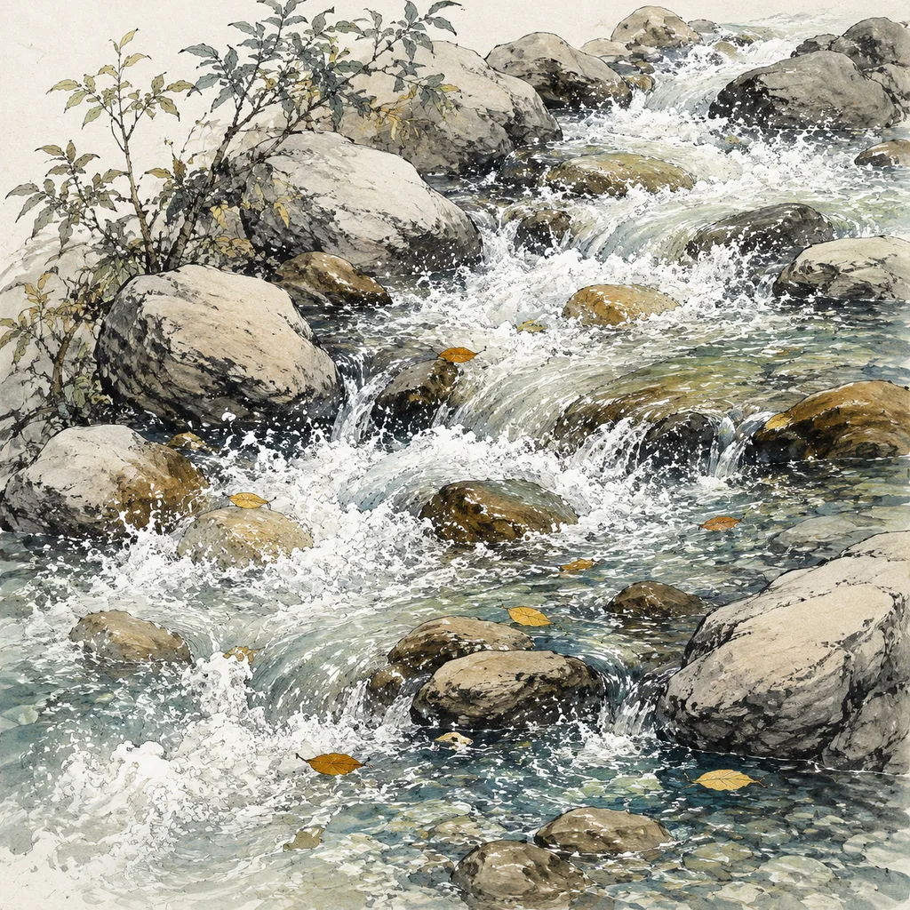 Close-up shanshui painting of clear brook water rushing over smooth round stones with sparkling foam, Creek Water (大溪水) NaYin concept of joyful momentum