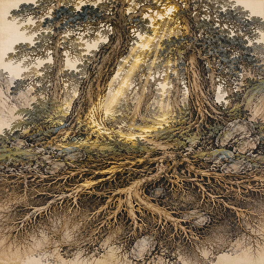 Close-up shanshui painting of ancient forest trees with intertwined roots and golden light shafts, Forest Wood (大林木) NaYin concept of collective shelter