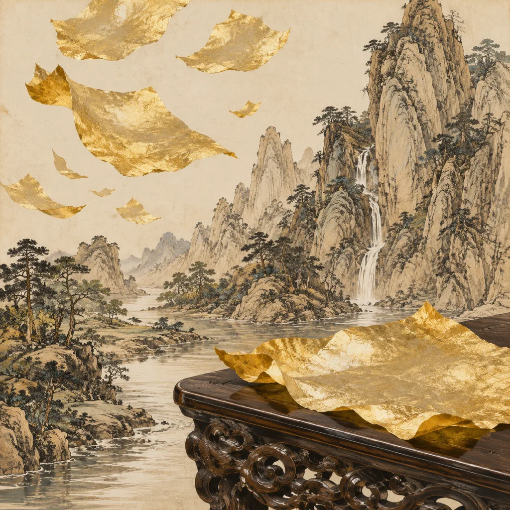 Close-up shanshui painting of gossamer gold leaf sheets floating in sunlight over dark carved wood, Gold-Leaf Metal (金箔金) NaYin concept of transformative preciousness