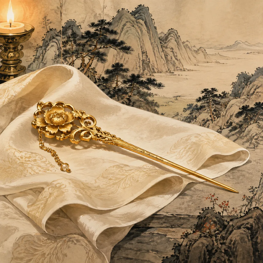 Close-up shanshui painting of a single ornate gold hairpin on folded cream silk with candlelight, Hairpin Metal (钗钏金) NaYin concept of crafted intimacy