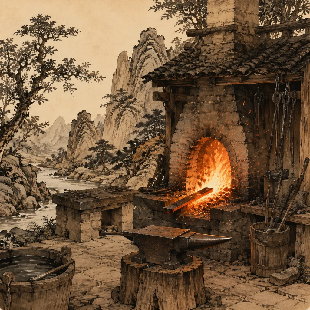 Close-up shanshui painting of a blacksmith furnace with controlled glowing flames heating metal with rising sparks, Hearth Fire (炉中火) NaYin concept of harnessed intention