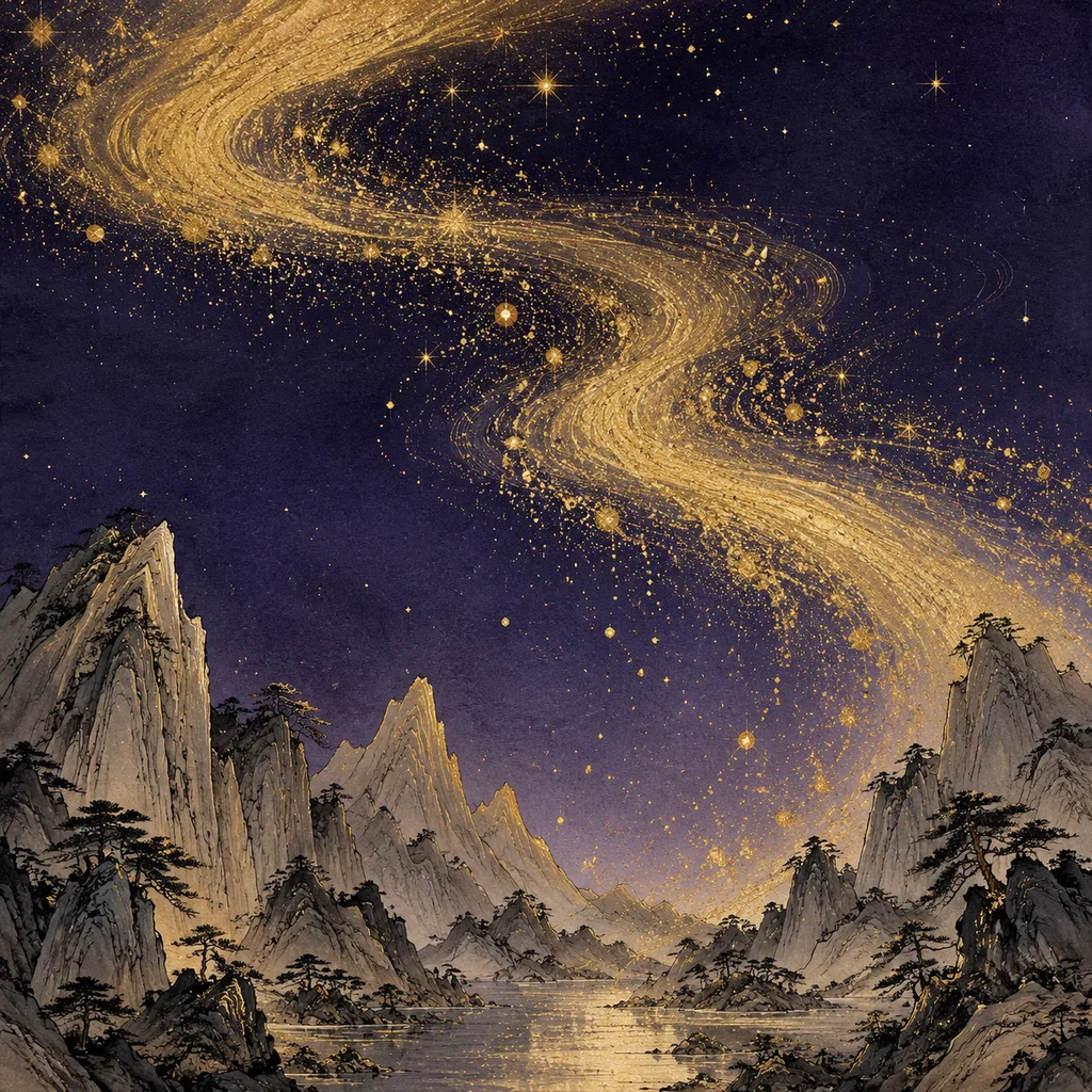 Close-up shanshui painting of a stream of golden stardust flowing across a deep purple night sky, Heavenly Water (天河水) NaYin concept of celestial blessing